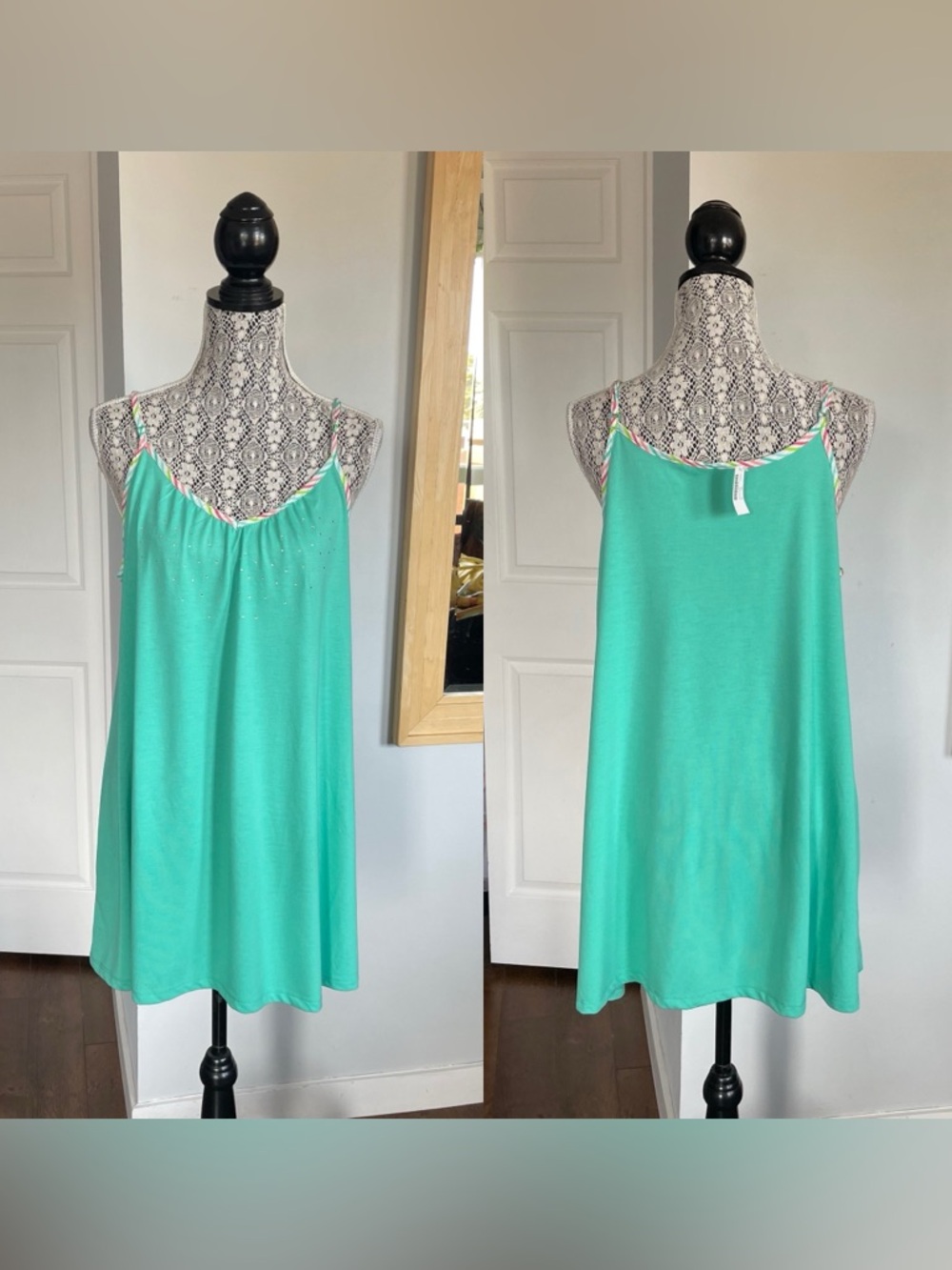 XL NWT La Vie En Rose Slip Chemise Pyjamas Sleep Shirt Top W/ Silver Rhinestones